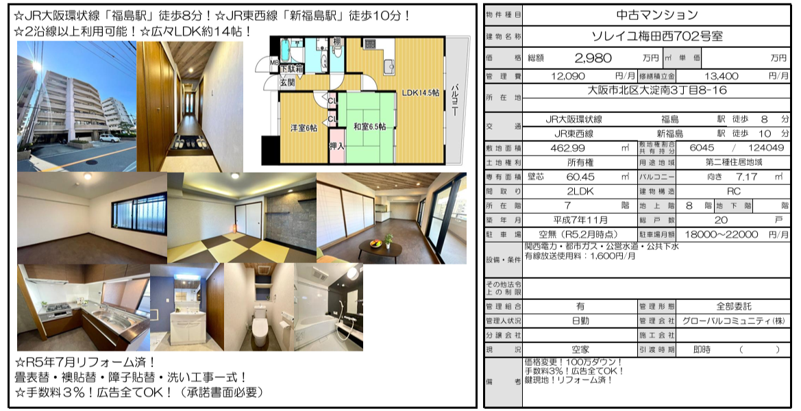 大阪/福島站/2房2廳/60.45m²(18.28坪)