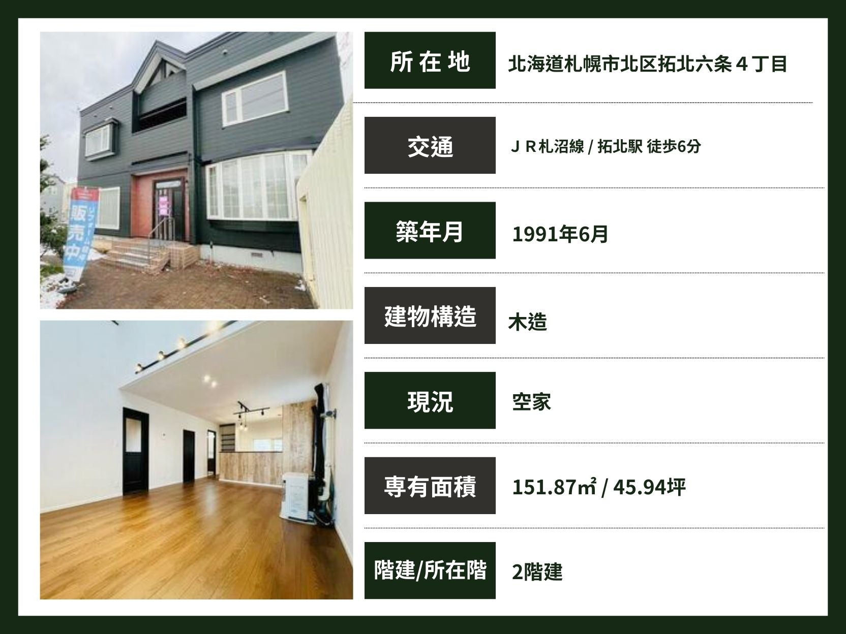 札幌 / 拓北站 / 5房1廳+S / 151.87㎡ (45.94坪) / 帶翻新紀錄