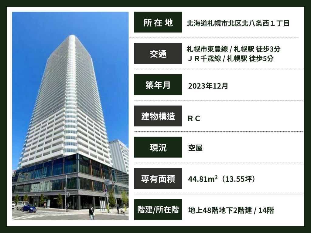 札幌 / 札幌站 / 1房1廳 / 44.81m² (13.55 坪)