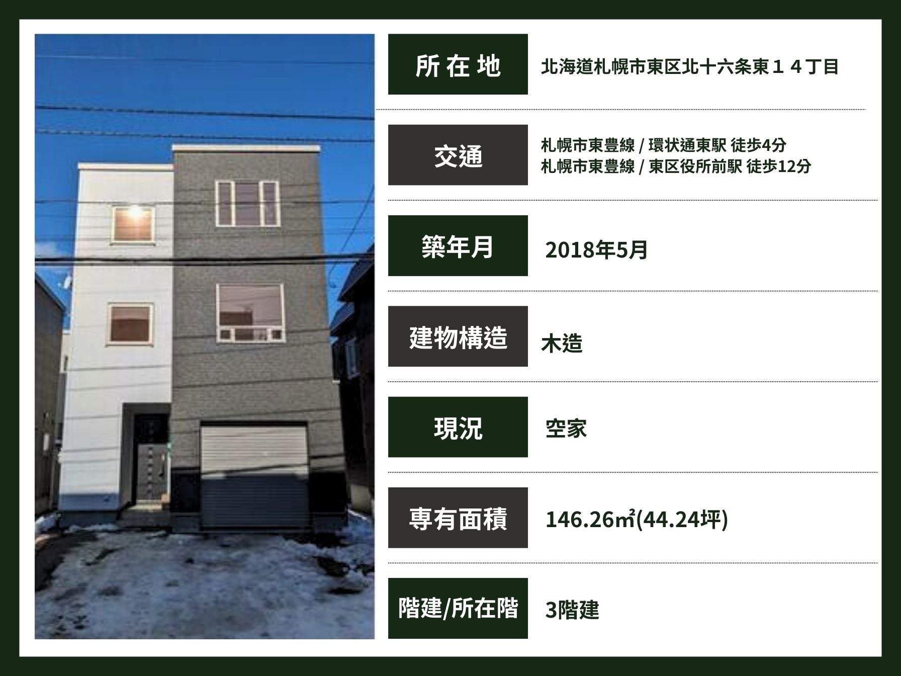 札幌 / 東区 / 環状通東站 / 一戶建 / 4房1廳 / 146.26㎡(44.24坪)