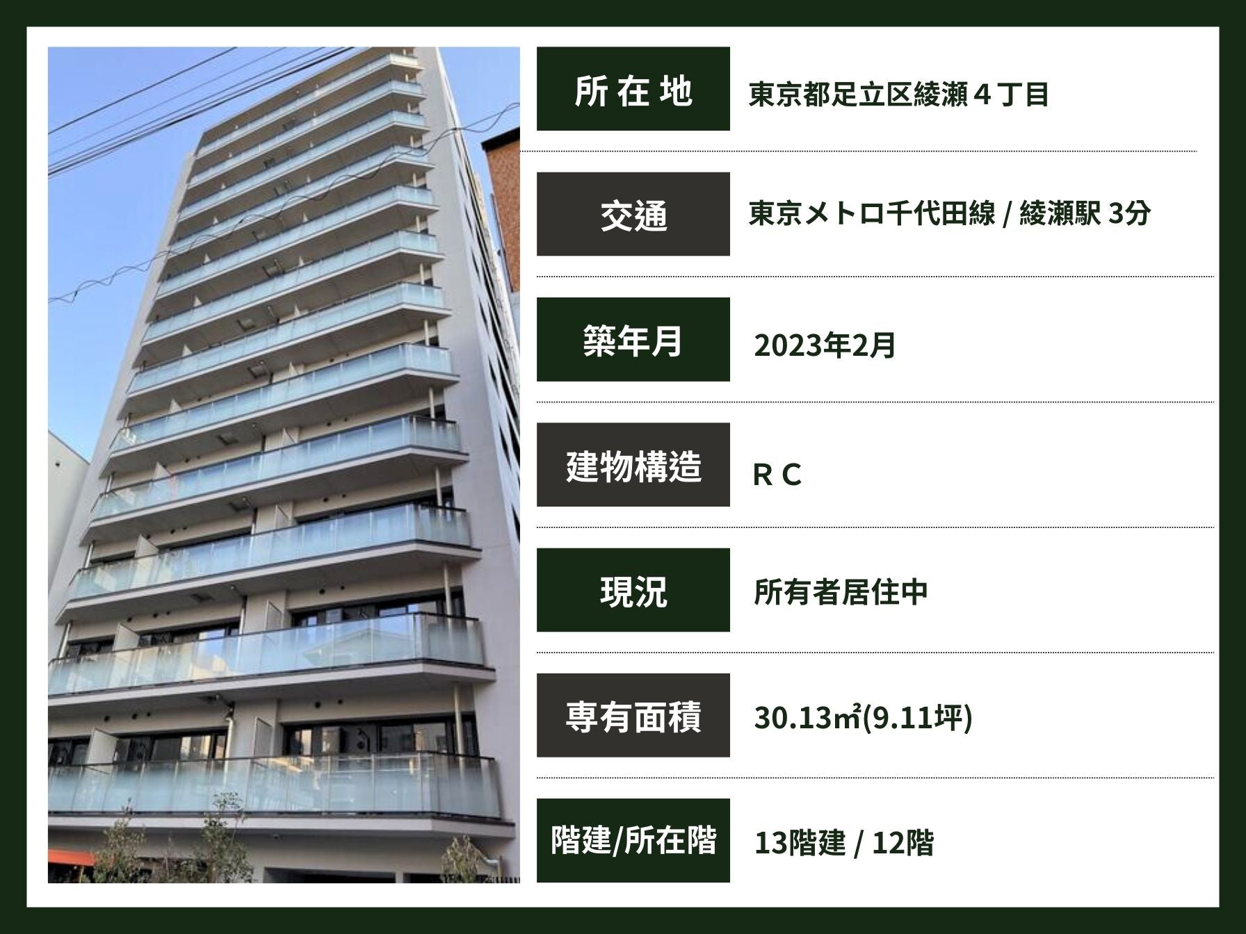 大阪 / 足立区 / 綾瀬站 / 1房1廳 / 30.13㎡(9.11坪)