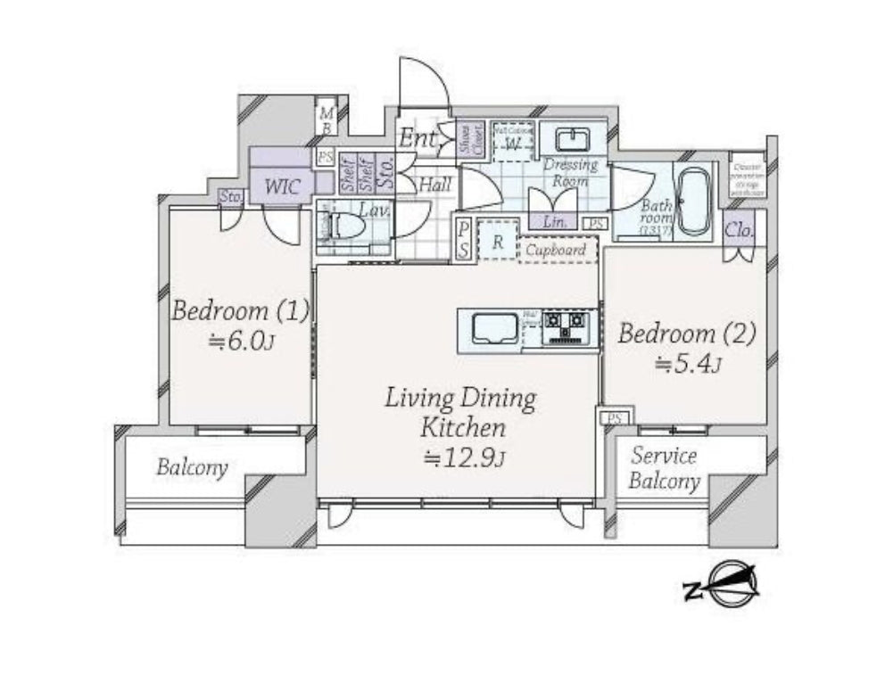 東京 / 大手町站 / 2房2廳 /  54.80㎡ (16.59坪)