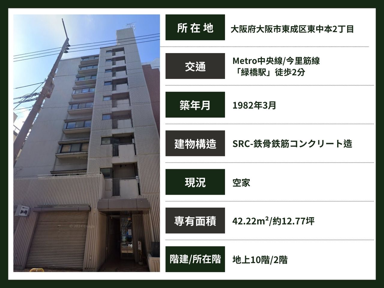 大阪 / 綠橋站 / 1房2廳 / 42.22m²(12.77坪)