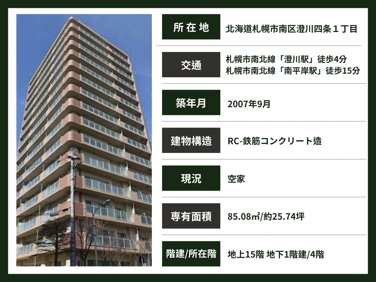 札幌 / 澄川站 / 3房2廳 / 85.08m²(25.73坪)