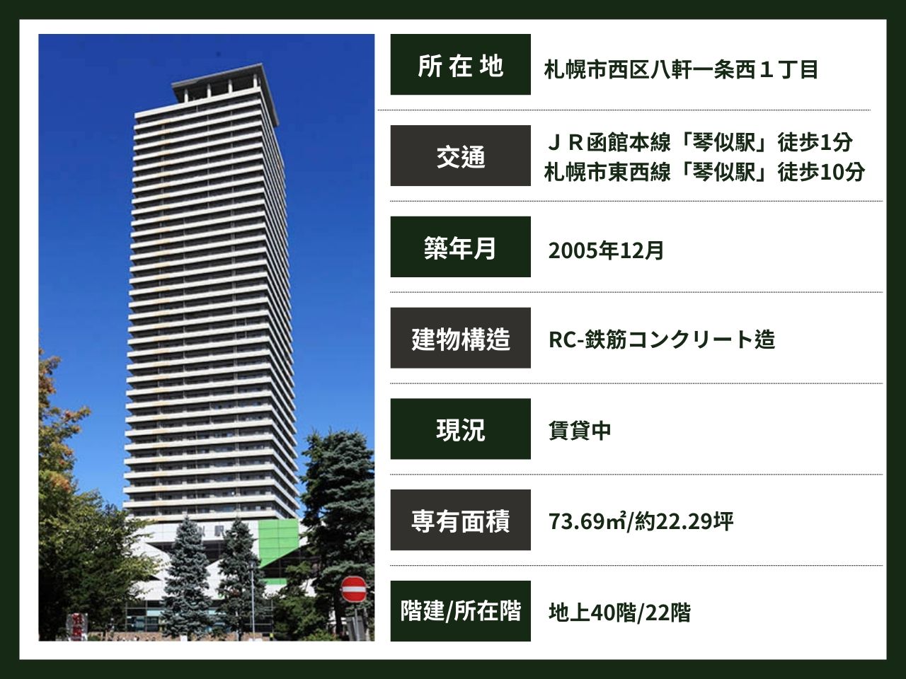 札幌 / 琴似站 / 2房2廳 / 73.69m²(22.29坪)